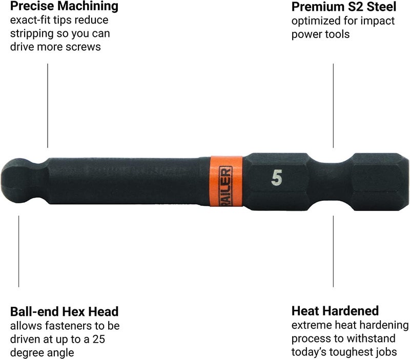 Railer Ball-End Hex 7/64" Impact Driver Bit - Allen Wrench Drill Hex Bits. 1/4 Quick Release S2 Steel 2 inch 7/64" Ball-End Hex Bits. (5 Pack) - Image 3